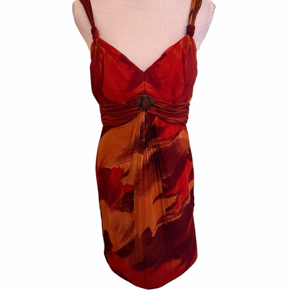 Badgley Mischka Red/Orange Silk Sleeveless Empire Waist Cocktail Dress 8 - Picture 2 of 12